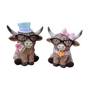 Easter Highland Cow Figurines Set of‎ 2 Resin Easter Decor Spring - NEW